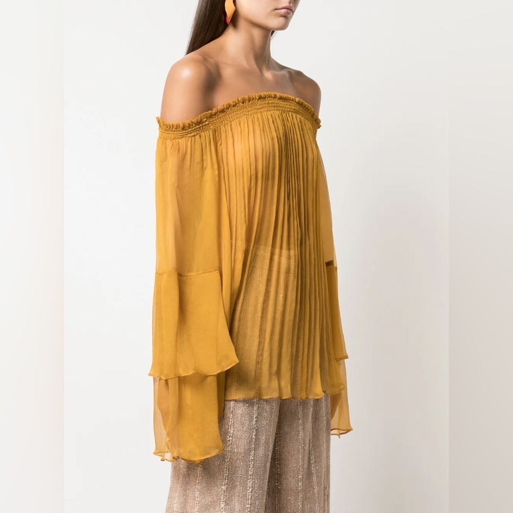 Boho Flowy Ruffle Top Golden Yellow Bell Sleeves Relaxed Fit Tunic Small